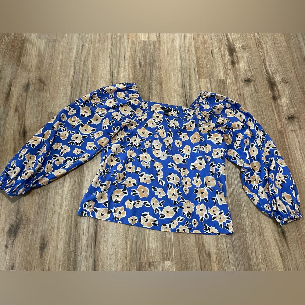 Ann Taylor Floral Blue Blouse with Long Sleeves